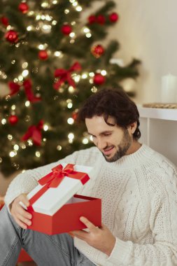 Hediyelik Kutusunda Hediyeli Adam Evdeki Noel ağacının yanında.