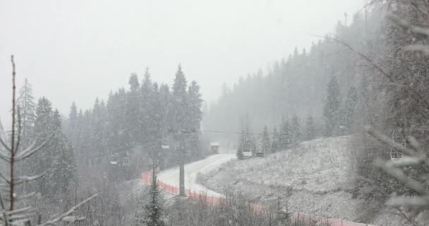 Vinterscen, Utsikt över den snöiga tallskogen och Ski Funicular i bergen — Stockvideo