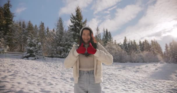 Nő a téli ruhák hüvelykujj fel előtt Mountain Forest szabadban — Stock videók