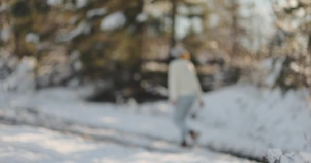 Mujer en invierno Ropa al aire libre contra las montañas nevadas y la aldea — Vídeos de Stock