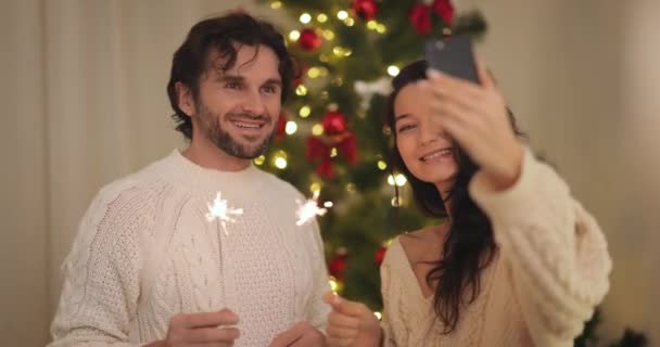 Coppia celebrazione Capodanno vicino all'albero di Natale a casa, videochiamata o selfie su smartphone — Video Stock