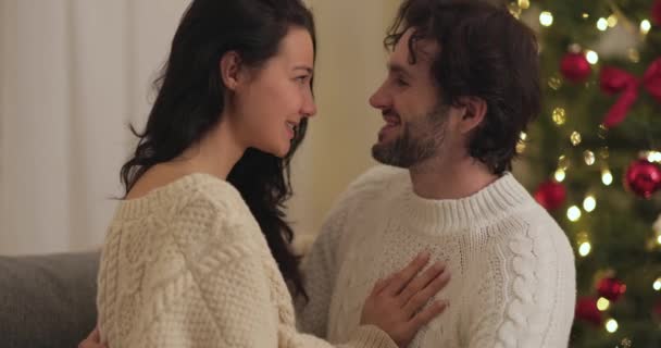 Sevgili Çiftler Yılbaşı Kutlaması Evdeki Noel Ağacı Yakınları — Stok video