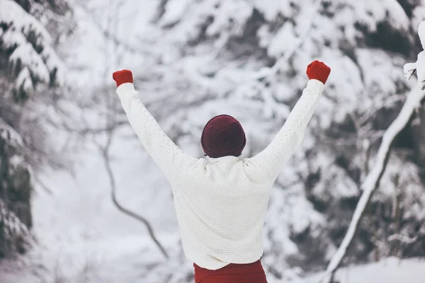 Homem em roupas de inverno na floresta nevada durante as férias de inverno ao ar livre — Fotografia de Stock