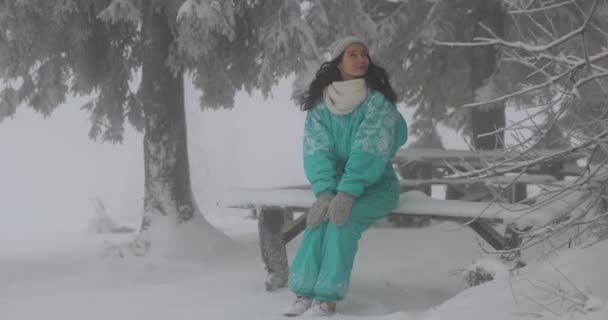 Frau im Skianzug im verschneiten Wald im Winterurlaub im Freien — Stockvideo