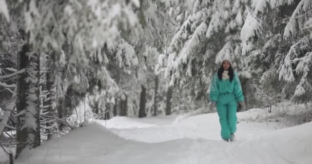 Femme en combinaison de ski dans la forêt enneigée pendant les vacances d'hiver à l'extérieur — Video