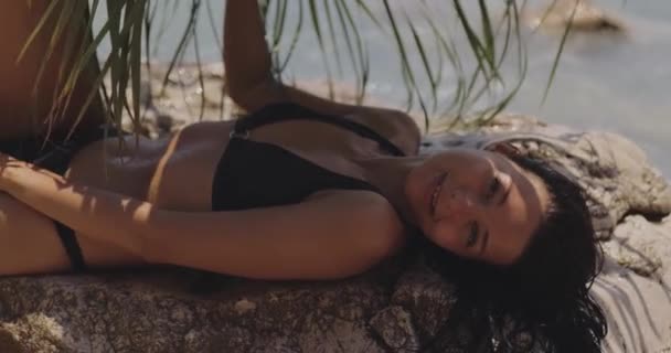 Beach Girl Model im schwarzen Bikini mit Palmblatt auf dem Stein während des Sommerurlaubs im Freien — Stockvideo