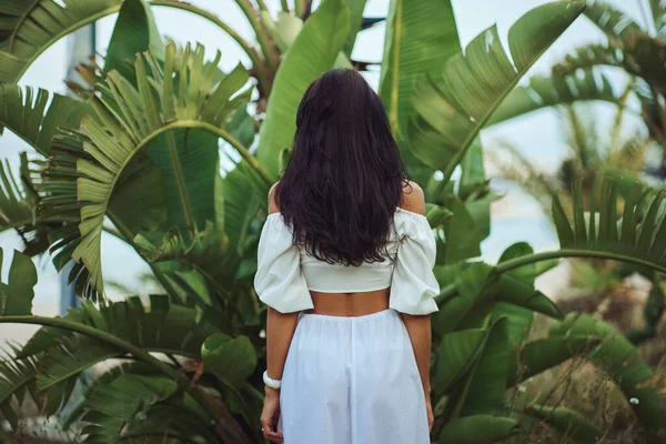 Atrás de la mujer en elegante traje de playa al aire libre contra las palmeras en el fondo durante las vacaciones de verano —  Fotos de Stock
