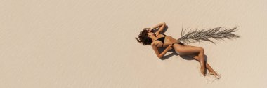 Bikini mayo giymiş, kumsalda güneşlenen bir kadının en iyi hava aracı görüntüsü.