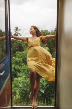 Sri Lanka 'nın ünlü simgelerine giden trenle Turist Kadının Seyahat ve Keşfi.