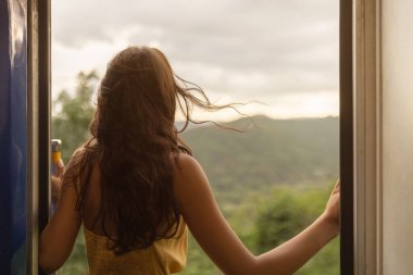 Sri Lanka 'nın ünlü simgelerine giden trenle Turist Kadının Seyahat ve Keşfi.