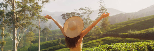 Carefree Woman Traveler Raised Hands Standing Natural Background Tea Plantations Royalty Free Stock Photos