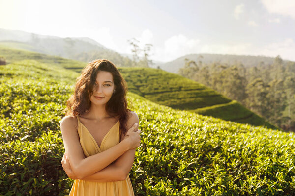 Happy Woman Traveler Standing Natural Background Tea Plantations Landscape Portrait Stock Image