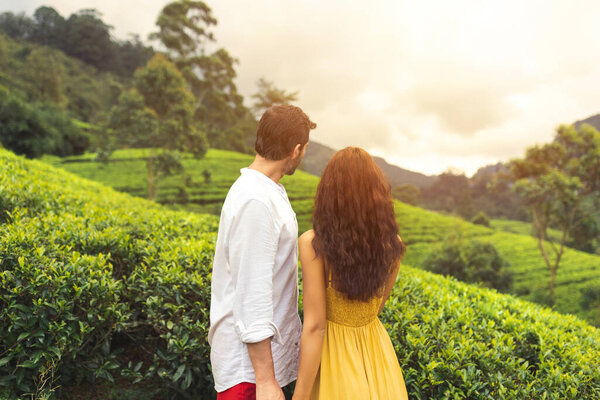 Romantic Couple Travelers Love Standing Nature Background Tea Plantations Landscape Royalty Free Stock Images