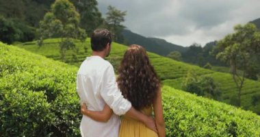 Birbirine aşık iki romantik gezgin doğa arka plan çay tarlalarına karşı duruyor. Genç yetişkin esmer kadın ve erkeğin Nuwara yakınlarındaki mükemmel doğal arkaplan manzarası.