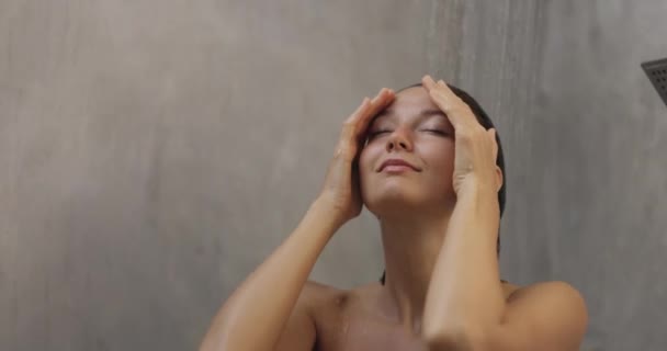 Shower Woman Washing Hair Face While Showering Happy Smile Water — Wideo stockowe