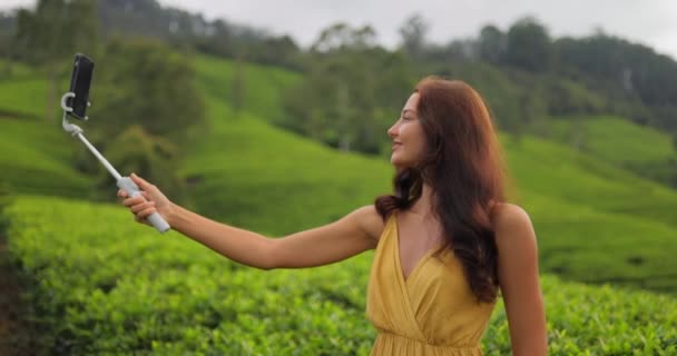 Romantic Vlogger Traveler Woman Recording Video Mobile Phone Camera Share — Stockvideo