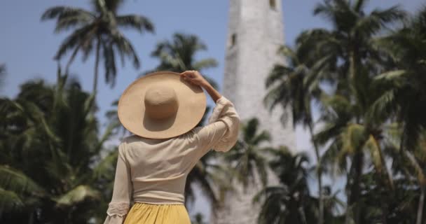 Back View Romantic Woman Traveler Dress Straw Hat Visiting Famous — Stok video