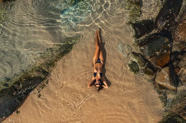 Top Aerial View Young Sensual Brunette Beach Woman Black Bikini — Stock Photo, Image
