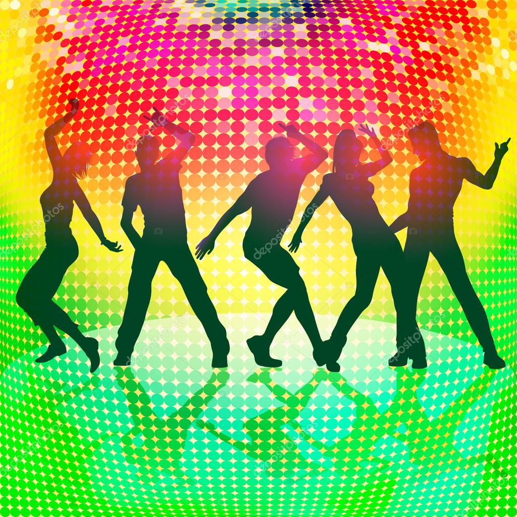 Silhouettes of party people on colorful disco background Stock Vector ...