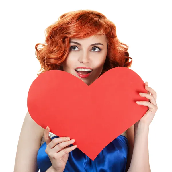 Valentines Day. Woman holding Valentines Day heart sign with cop — Stock Photo, Image