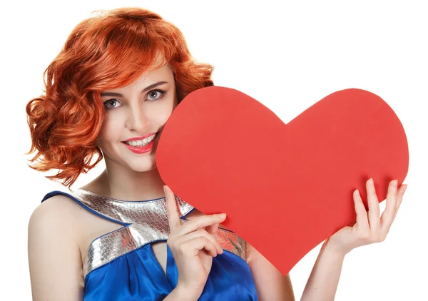 Valentines Day. Woman holding Valentines Day heart sign with cop — Stock Photo, Image