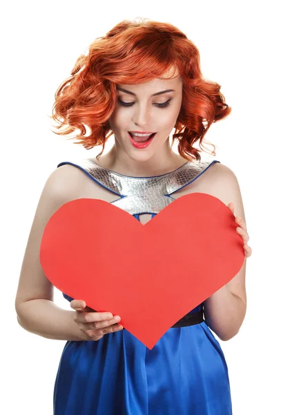 Valentines Day. Woman holding Valentines Day heart sign with cop — Stock Photo, Image