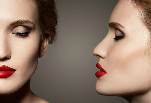 Dvojí pohled portrét krásné ženy s světlý make-up — Stock fotografie