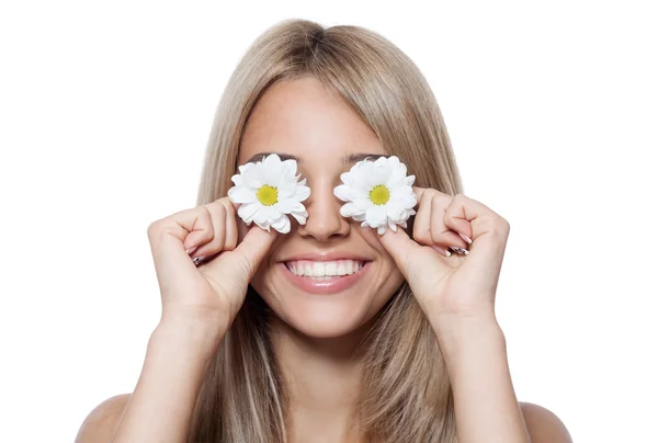 Beautiful happy young woman with flowers — Stock Photo, Image