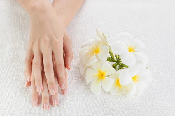 Beautiful woman hands are on a towel — Stock Photo, Image