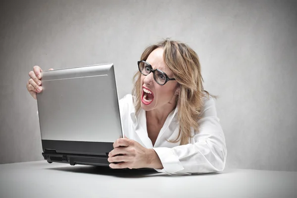 Iş kadını onu laptop karşı çığlık — Stok fotoğraf