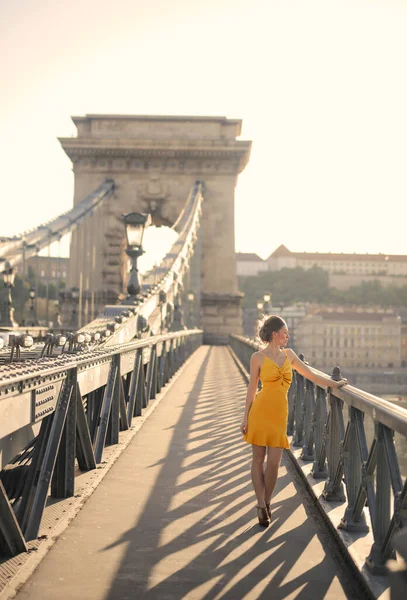 Young Beautiful Woman Bridge Budapest — стоковое фото