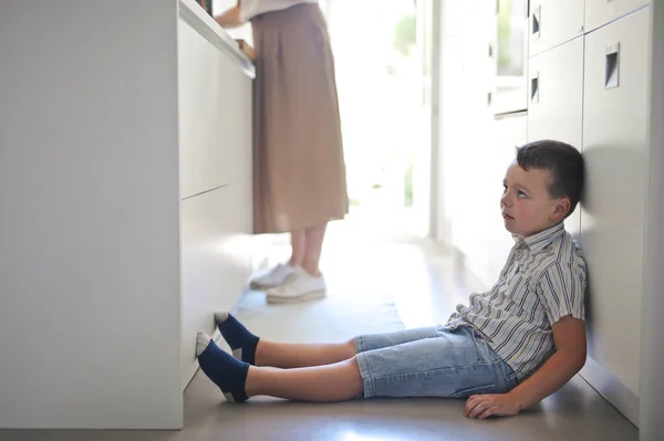 Tired Child Lying Kitchen Floor — 스톡 사진