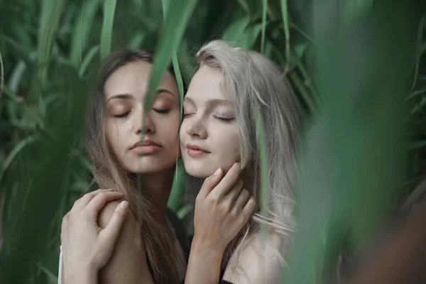 Portret Dwóch Młodych Kobiet Pod Rośliną — Zdjęcie stockowe