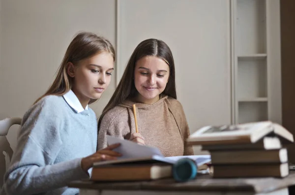 Two Young Girls Study Home — ストック写真