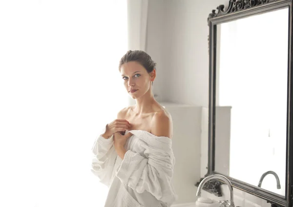 Young Woman Bathrobe Bathroom — Foto de Stock