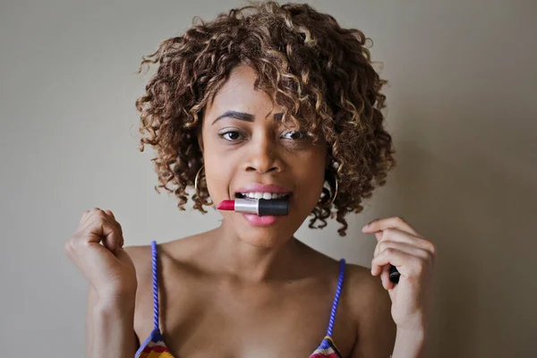 Portrait Young Woman Lipstick Her Mouth — стоковое фото