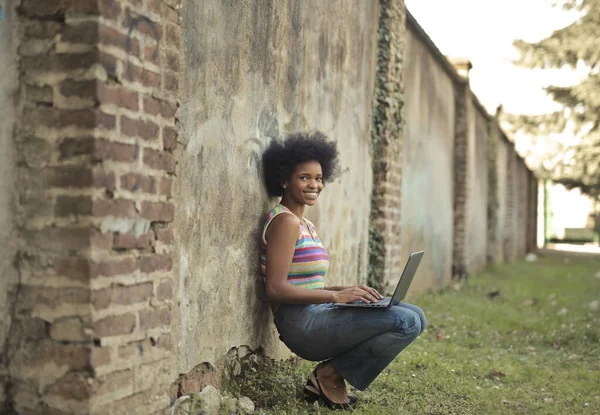 Young Woman Works Laptop Park —  Fotos de Stock