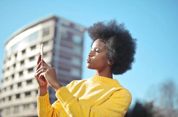 Portrait Young Woman Photographing Smartphone — Foto de Stock