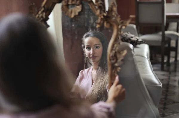 Portrait Young Woman Mirror — стоковое фото