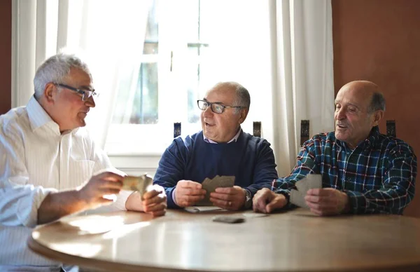 Skupina Seniorů Hraje Doma Karty — Stock fotografie