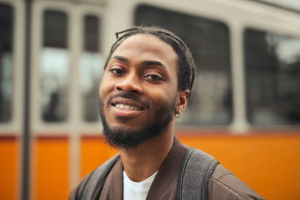 Young Man Street Tram Background — Stock Photo, Image