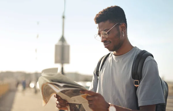 Portrait Young Man While Reading Newspaper — Stock Photo, Image