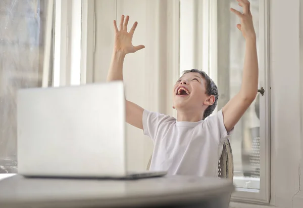Young Boy Rejoices Happy Front Computer — Stock Photo, Image