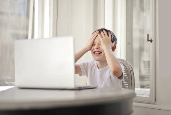 Young Boy Unhappy Rejoices Front Computer — Stock Photo, Image