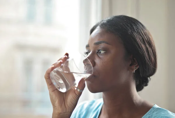 Young Woman Drinks Glass Water — Stock Photo, Image