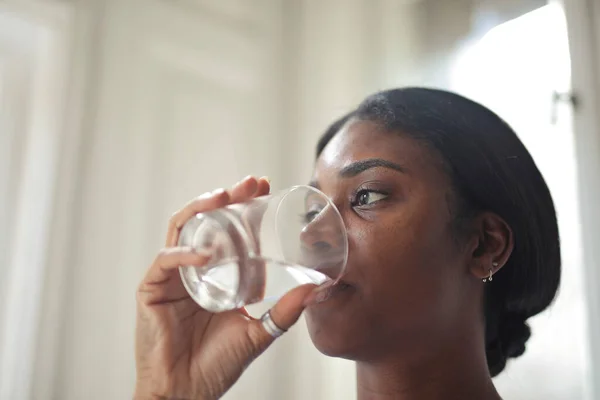 Young Woman Drinks Glass Water — Stock Photo, Image