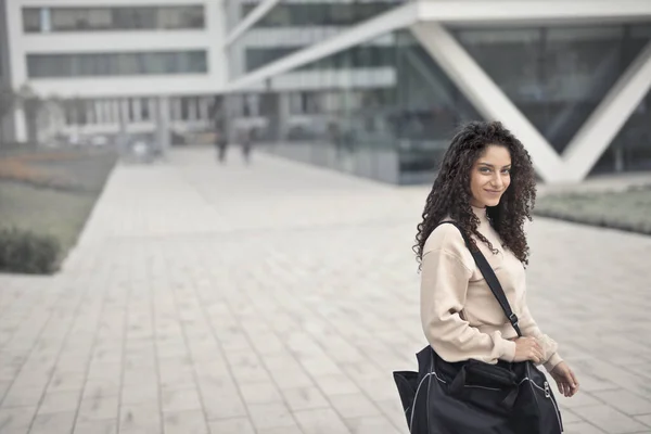 Young Woman Gym Bag Street — стоковое фото