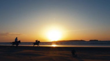 İki atlı gün batımında Essaouira, Fas sahilinde dörtnala koşuyor. Sakin atmosferik arkaplan görüntüleri. Yavaş çekim.