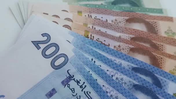 Marokkaanse Dirham Bankbiljetten Marokkaanse Monetaire Achtergrond Beelden Draaien — Stockvideo