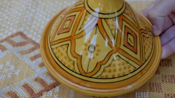 Traditional Decorative Tagine Tajine Dates Authentic Handmade Moroccan Cactus Silk — Stock Video